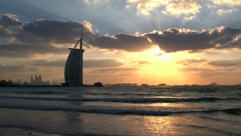 Fixed shooting of the sunset at Dubai Sailing Hotel. Stock Footage 249133267