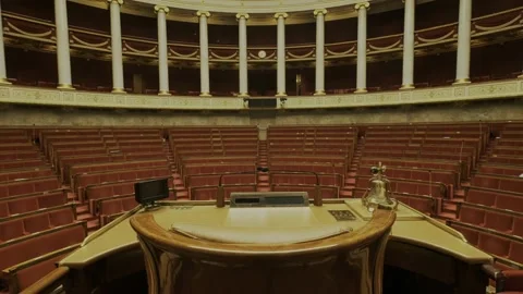 Fixed shot of the hemicycle of the National Assembly in Paris, France. Stock Footage 194687396