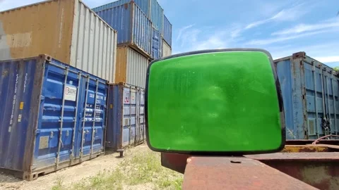 Fixed Shot In A Old Tv Set With Green Screen, Compositing, Chroma Key Stockbeeldmateriaal 201203816