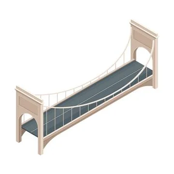 Fixed Suspension Bridge with Deck oated with Asphalt Isometric Vector Stock Illustration