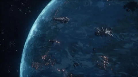 Fixed View of Exploding Warships in Space Battle Stock Footage 309293003