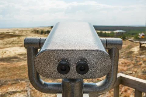 Fixed viewing binoculars on the observation platform Stock Photos