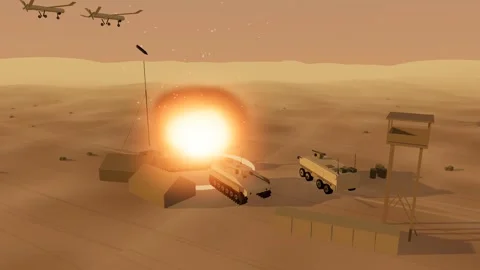 Fixed wing drone bombing run over armoured vehicles desert base at golde 스톡 동영상 342323655