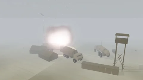 Fixed wing drone bombing run over a supply depot coastal base in sea fog 스톡 동영상 342323711