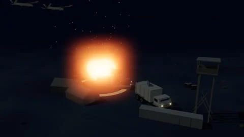 Fixed wing drone bombing run over a radar site desert base at night Stockbeeldmateriaal 342323914