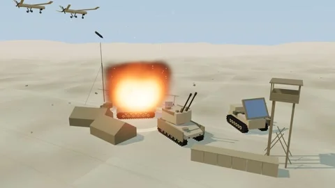 Fixed wing drone bombing run over an air defence battery desert base in 스톡 동영상 342324058