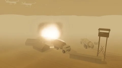 Fixed wing drone bombing run over a supply depot desert base in a sandst 스톡 동영상 342324146