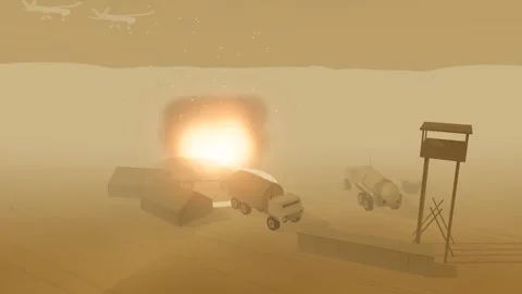 Fixed wing drone strike wrecks supply depot in a sandstorm 스톡 동영상 342333082