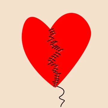 Fixing a broken heart concept with two halves of heart sewed with black threa Stock Illustration