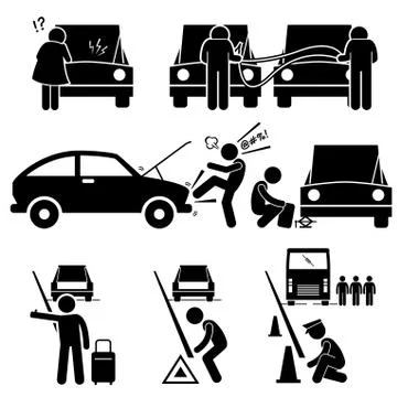 Fixing a Car Breakdown Broke Down Repair at Roadside Stick Figure Pictogram Icon Stock Illustration
