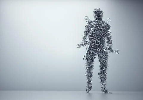 The fixing guy. Human character made up of hundreds of mechanical parts. Illustrazione stock