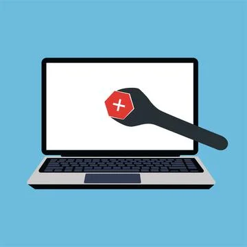 Fixing hardware or software on laptop concept vector. Wrench fixing computer  Stock Illustration