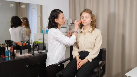Fixing makeup. Treatment of the face with a brush with applied powder. Close up. Stock Footage 128456403