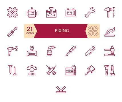 Fixing Modern Vector Collection with 25 Regular Line High Resolution Detail.. Stock Illustration