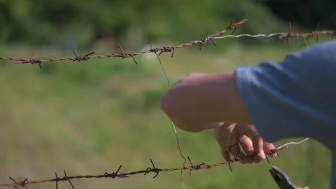 Fixing rusty barb spike wire fence Stock Footage 121132343