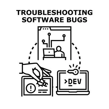 Fixing software bugs troubleshooting development problems Stockillustratie