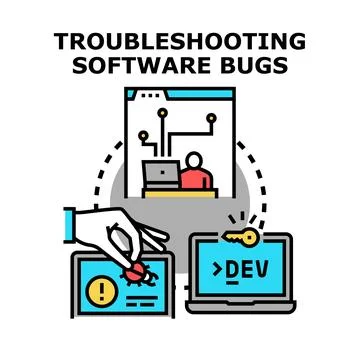 Fixing software bugs troubleshooting development problems Stock Illustration