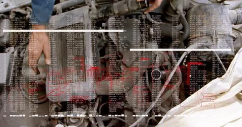 Fixing tech hands adjusting engine belts and hoses at shop wearing blue work Stock Photos