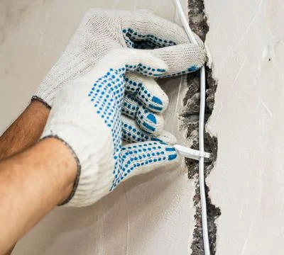 Fixing the wire with a plastic clip in the wall. Foto stock