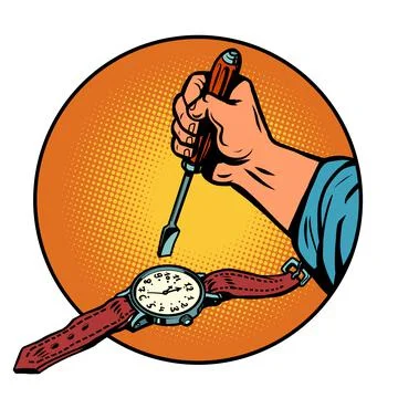 Fixing a wristwatch, a watchmaker using a screwdriver tool opens the mechanism Stock Illustration