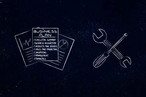 Fixing your business plan, docs with wrench &amp; screwdriver イラスト素材