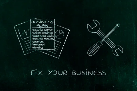 Fixing your business plan, docs with wrench &amp; screwdriver Stock Illustration