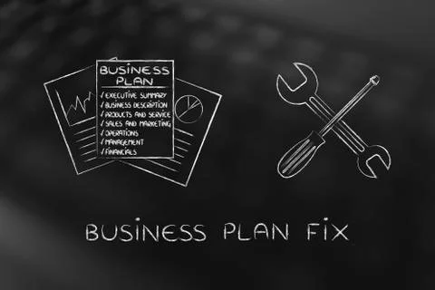 Fixing your business plan, docs with wrench &amp; screwdriver Stock Illustration