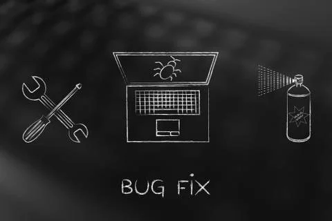 Fixing your computer, laptop with wrench &amp; bug spray 스톡 일러스트