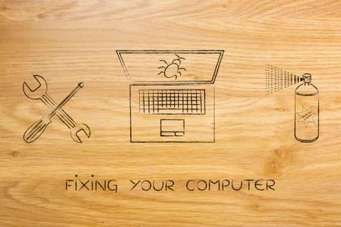 Fixing your computer, laptop with wrench &amp; bug spray 스톡 일러스트