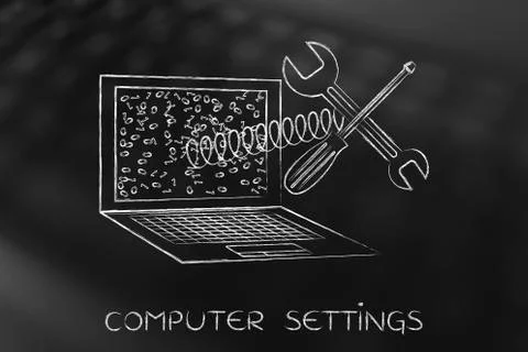 Fixing your computer, laptop with wrench on spring out of screen Stockillustratie