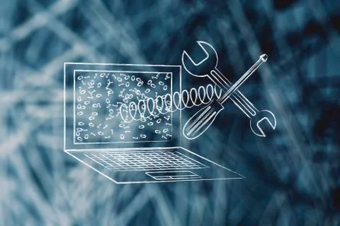Fixing your computer, laptop with wrench on spring out of screen 스톡 일러스트
