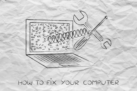 Fixing your computer, laptop with wrench on spring out of screen 스톡 일러스트