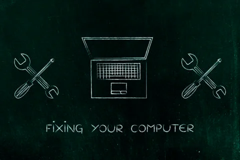 Fixing your computer, laptopp with wrench &amp; screwdriver Stock Illustration