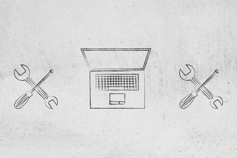 Fixing your computer, laptopp with wrench &amp; screwdriver 스톡 일러스트