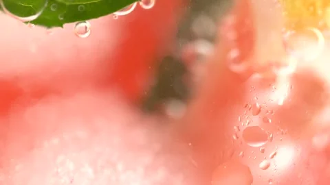 Fizzing water with grapefruit slices, mint and ice cubes in glass, macro. H.. Stock Footage 251802910