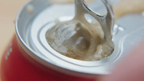Fizzy Cola Drink Can of Refreshing Soda Pop Opening in Super Slow Motion Video stock 128932320