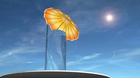 Fizzy drink with an umbrella in it, blue sky and sun in the background. Stock Footage 12034649
