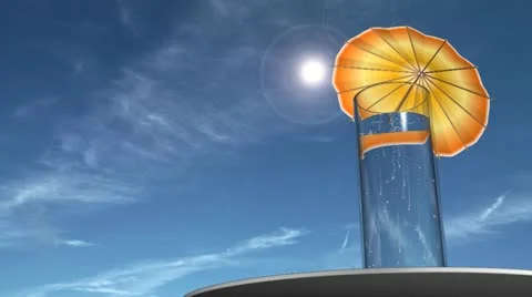 Fizzy drink with an umbrella in it. Jet flies high above. Stock Footage 12034173