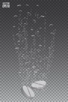 Fizzy tablets with bubbles trace in water on transparent background. Vector Stock Illustration