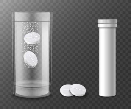 Fizzy tablets in water and container, realistic vector illustration isolated. Stock Illustration