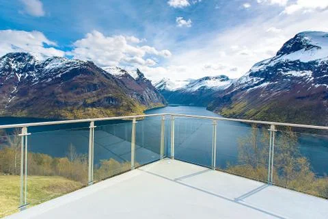 Fjord view point platform under blue sky Stock Photos