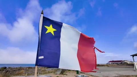 The Flag Of Acadia Flag waving in the wind against a blue sky with scattere.. Stock Footage 336363079