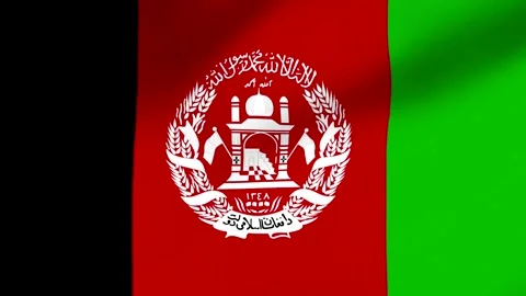 The flag of Afghanistan with a white emblem on a red and green background  .. Video stock 343670636