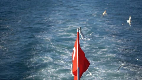 Flag of the aft Turkish ship flutter on wind. Stock Footage 107628283