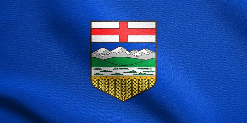 Flag of Alberta waving with fabric texture Stock Illustration