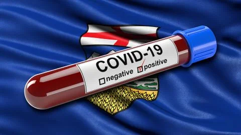 Flag of Alberta waving in the wind with a positive Covid-19 blood test tube. Stock Illustration