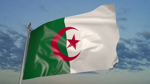 Flag of Algeria on a flagpole. 3D animation against the sky Stock-Footage 205517112