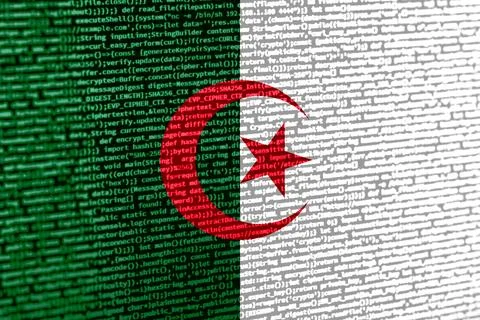 Flag of Algeria over digital code. Concept of cybersecurity, innovation, an.. Stock Photos