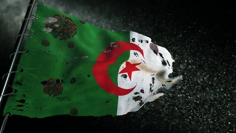The flag of Algeria is torn and marked with the virus of covid-19 . 스톡 동영상 127195098