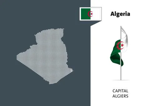 Flag of Algeria on white background. Dotted Map of Algeria with Capital name Stock-Illustration